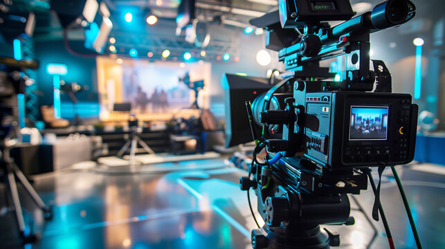View of a working camera camera aimed at the studio set of a talk show or entertainment show. Copy space