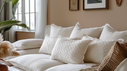cozy interior of room with white pillows on sofa