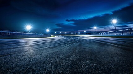 highspeed racing arena asphalt track illuminated by bright spotlights at night dramatic photography