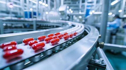 hightech pharmaceutical factory with conveyor system industrial photography