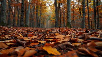 Tranquil Forest Floor Blanketed with Autumn Leaves - Close-up Nature Background