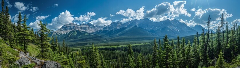 Fototapeta premium Majestic Panoramic View of a Forested Mountain Range under Clear Skies