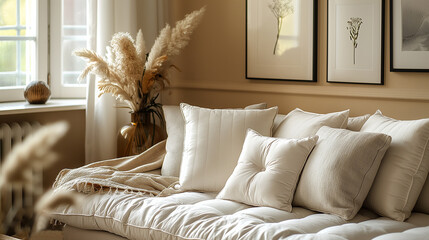 cozy interior of living room, nice ambiente, white pillows, wall with empty picture frames