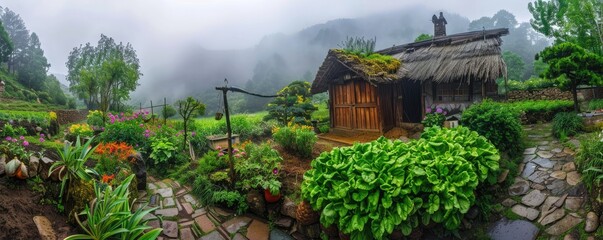 A thatched house in a mist with roof with a small chimney, the door is a small vegetable garden with a lot of vegetables and greens