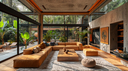 Fototapeta premium Natural blue shade living room of a house resort by tropical lush jungle