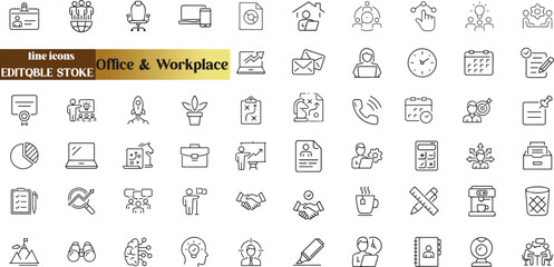 Office and Workplace web icons in line style. Employe, conference, project, document, business, work,