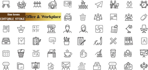 Office and Workplace web icons in line style. Employe, conference, project, document, business, work,