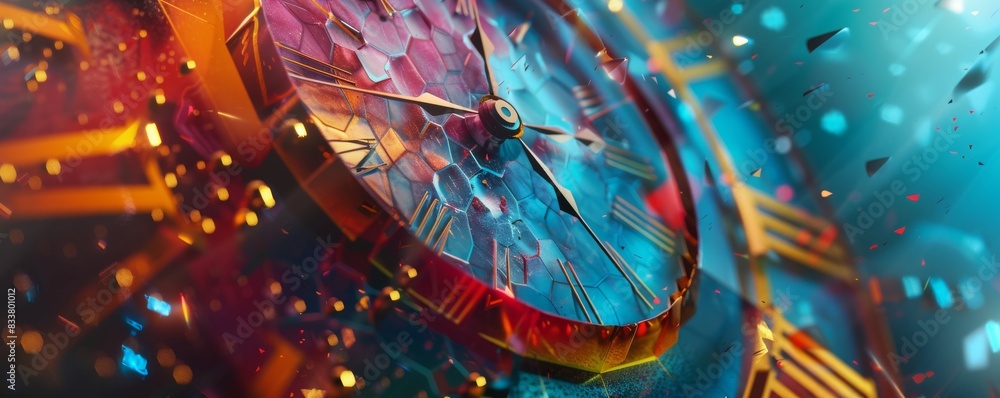 Poster capture an abstract representation of time using bold, vibrant colors and geometric shapes in a digi