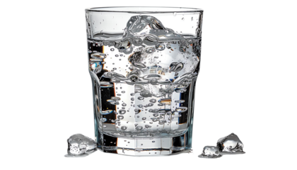 A glass of water with ice cubes. The glass is sitting on a white table against a white background.