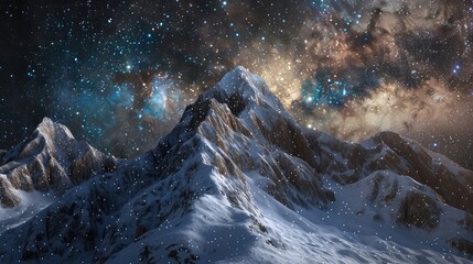 Snowy mountain tops pierce a star-filled sky. Emphasizes the height and ruggedness of the terrain against the clear night.