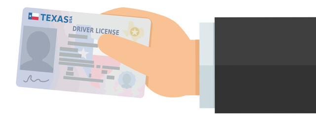 A hand presents a driver's license from the USA state of Texas in flat design style (cut out)