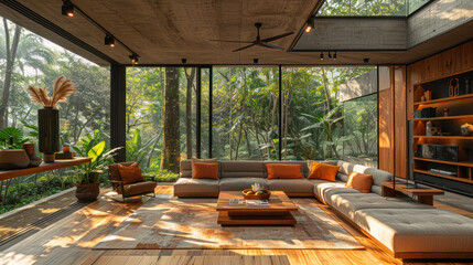 Fototapeta premium Natural brown shade living room of a house resort by tropical lush jungle