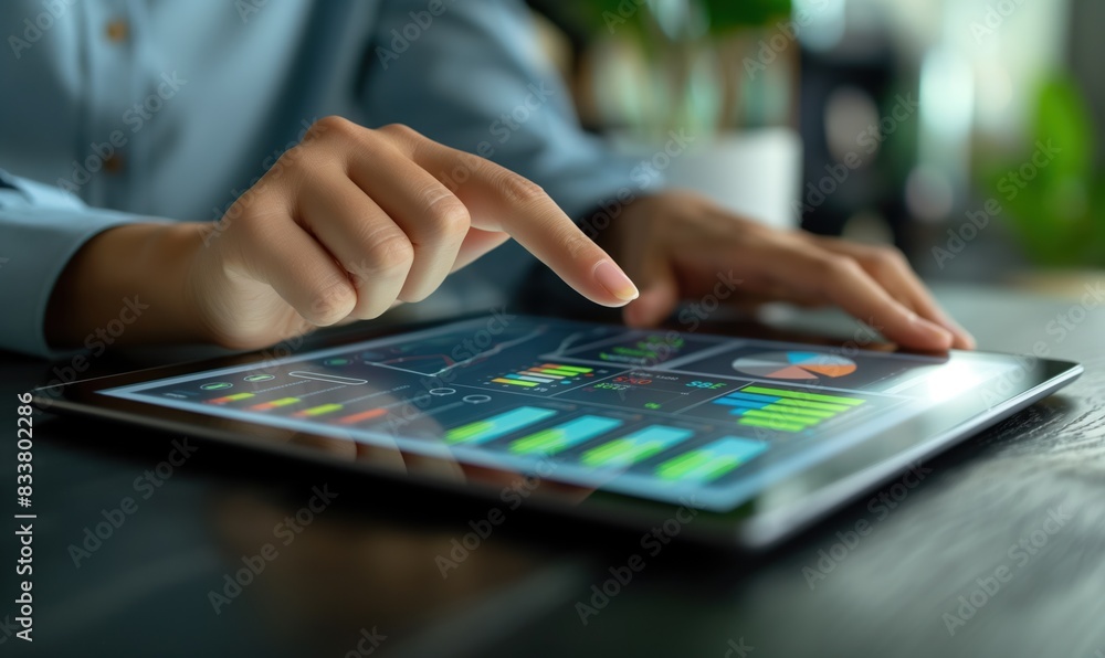 Poster data analysis in action, tracking business performance on a tablet. modern analytics, interactive da