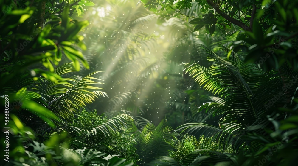 Poster lush green jungle with sunlight filtering through trees natural 3d background for product display