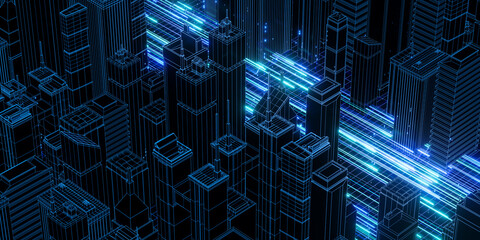 Digital Cityscape with Neon Binary Code