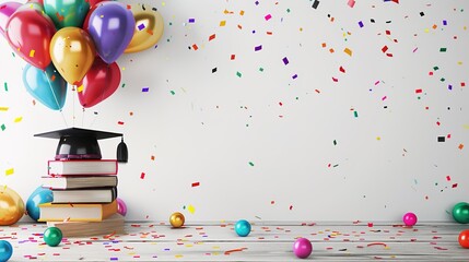 Vibrant and Festive Graduation Background with Colorful Confetti and Balloons. A Stack of Books with Graduation Cap and Diploma on Polished Wooden Surface, Transitioning to Whitespace for Additions