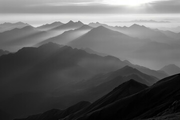 Illustration of mountains from sunrise in black and white, high quality, high resolution