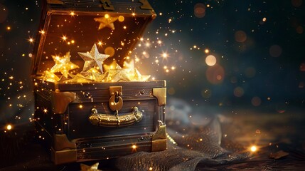 magical treasure chest opened sparkling gold stars rising from old wooden trunk christmas surprise