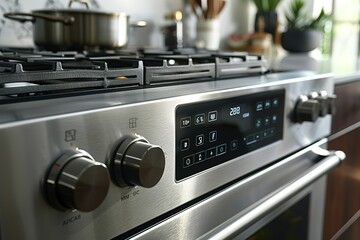 Obraz premium A closeup of the control panel on an oven, showing buttons and digital display with numbers