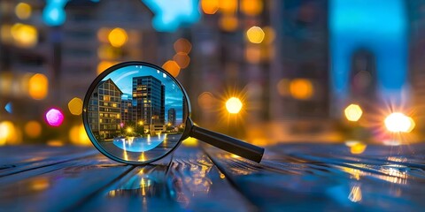 Searching for a rental home nearby with a magnifying glass. Concept Rental Homes, Nearby Location, Magnifying Glass, Real Estate Options