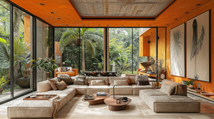 Fototapeta premium Natural orange shade living room of a house resort by tropical lush jungle