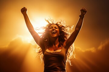 Woman raising her arms in triumphant joy at sunset, celebrating victory, happiness, and success in a moment of freedom and empowerment, with her silhouette glowing in the golden hour sunlight