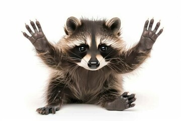Obraz premium Cute baby raccoon with its paws raised isolated on white background