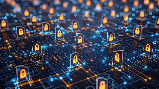 Digital connections and padlocks displaying cybersecurity and data protection in network systems and information security.