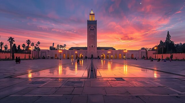 majestic koutoubia mosque in marrakech illuminated by warm sunrise glow islamic architecture travel photography