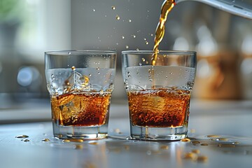 A photo of coffee being poured into two glasses on a white table, in the style of editorial photography.