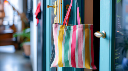 Modern Cubist Striped Tote Bag Hanging on Door Handle Colorful Fashion Accessory in Contemporary Setting