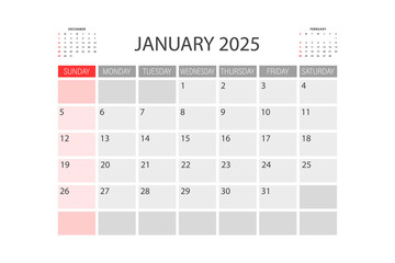 January 2025 Calendar. Week starts on Sunday.