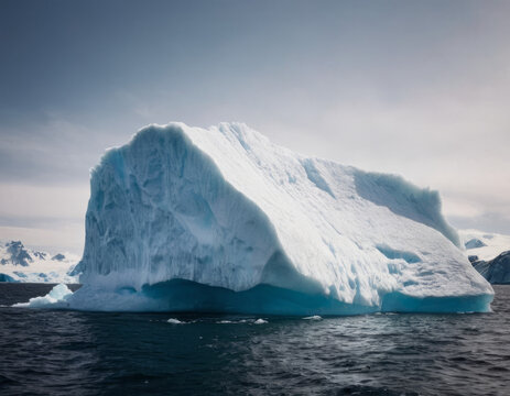 Un iceberg fluttua serenamente nell'oceano, con piccoli pezzi di ghiaccio che si staccano e galleggiano intorno.