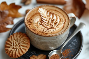 A top-down view of an elegant latte art design in the shape of leaves