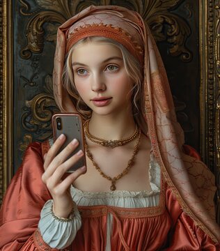 Woman dressed in Renaissance clothing inside a painting with a baroque golden frame takes a selfie with her cell phone. Old to new technology concept.