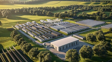 Aerial view of a modern data center with extensive server infrastructure, nestled in a lush, green valley surrounded by trees.
