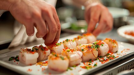 Chef Preparing a Gourmet Dish: a close-up of a chef's hands carefully plating a gourmet dish in a kitchen.