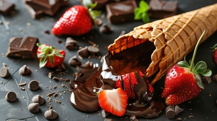 A picture of a cone with a strawberry and chocolate sauce on it. 
