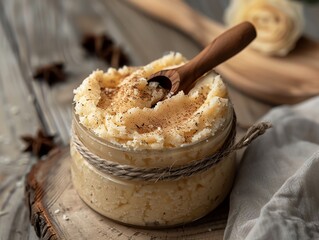 A luxurious hand scrub jar with a wooden spoon