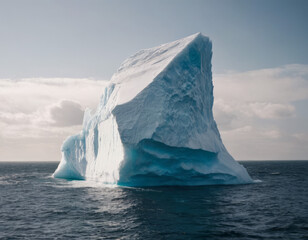 La maestosa figura dell'iceberg si staglia contro un cielo tempestoso, con nubi scure che aggiungono drammaticità.