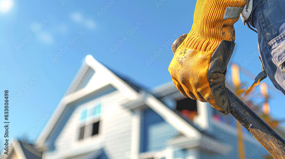 Sticker focus on the gloved hand of a construction worker holding a hammer, with a partially constructed hou