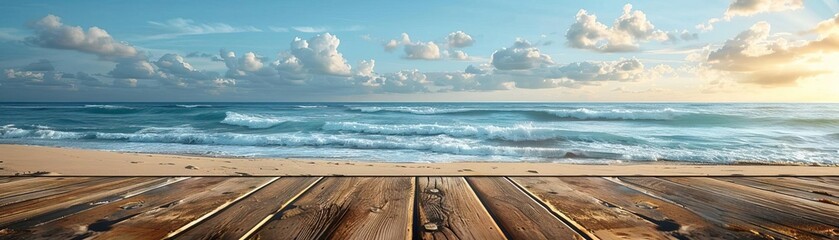 Fototapeta premium A beautiful coastal view with a wooden table in the foreground