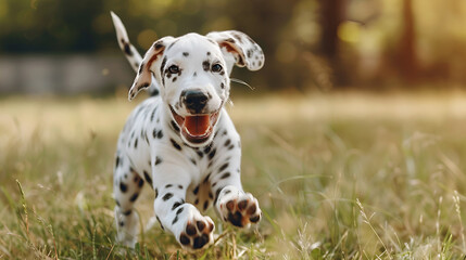 Playful spotted black white dalmatian puppy running on the grass in summer park. Dog training. Copy space.