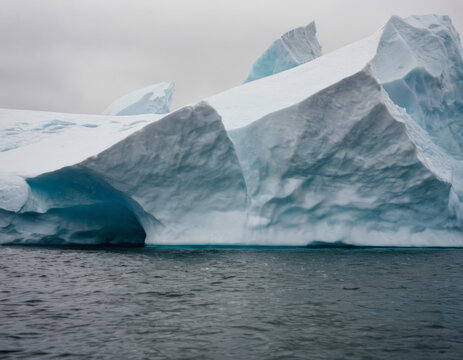 L'iceberg si erge solitario in mezzo al mare, con le onde che si infrangono dolcemente alla sua base.