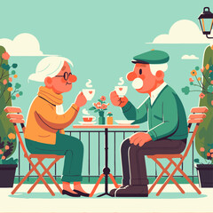 A vector illustration of an elderly married couple enjoying coffee at a quaint French Café 