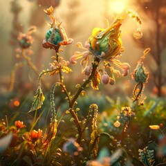 Craft a surreal scene where plants and flowers transform into ethereal creatures, embodying the concept of growth and transformation in a vibrant, whimsical illustration