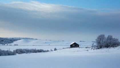 A snow-covered landscape with a solitary cabin in the distance. AI generated