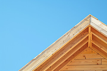 a new wooden house frame under construction, clear blue sky in the background.