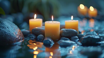 Relaxing Spa Scene with Candles: Illustrate a close-up of lit candles and smooth stones in a relaxing spa setting.