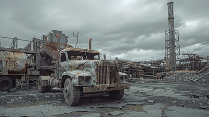 view of a dilapidated truck against the backdrop of rusted industrial ruins
